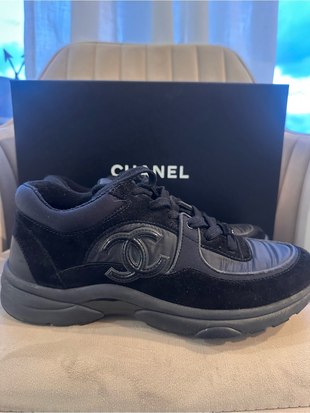 CHANEL Women’s Black CC Logo Suede & Nylon Sneakers - Picture 2 of 4